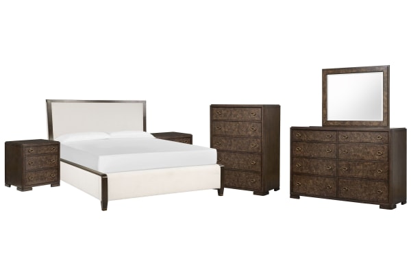 Rowan - Queen Upholstered Panel Bed, 2 Nightstands, Drawer Dresser With Landscape Mirror And Drawer Chest - Espresso / Beige