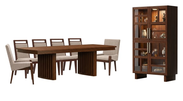 Reena - Extendable Trestle Dining Table With 4 Side Chairs, 2 Host Chairs And Display Cabinet - Rich Brown / Beige