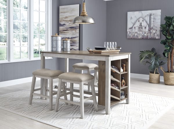 Skempton - White - 5 Pc. - Counter Table, 4 Upholstered Stools