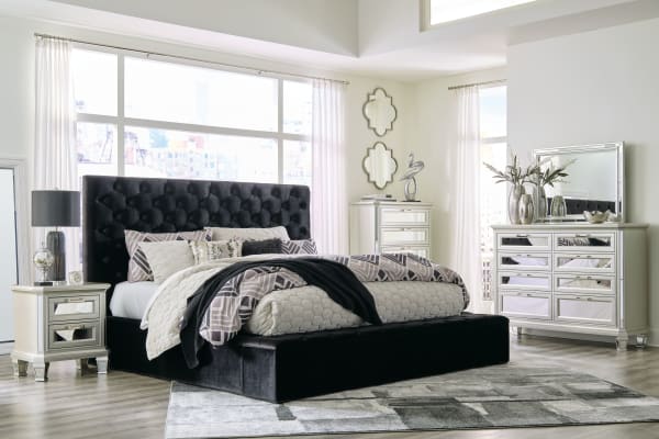 Lindenfield - Black - 6 Pc. - Dresser, Mirror, Chest, Queen Upholstered Bed With Storage
