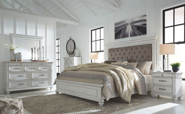 Kanwyn - Whitewash - 5 Pc. - Dresser, Mirror, King Upholstered Panel Bed