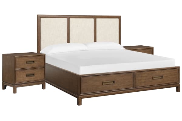 Ridgefield - California King Upholstered Panel Storage Bed With 2 Nightstands - Russet / Beige
