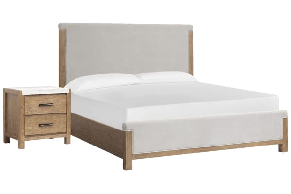 Plum Creek - King Upholstered Panel Bed With Nightstand - Sierra Brown / White