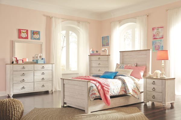 Willowton - Whitewash - 8 Pc. - Dresser, Mirror, Chest, Twin Panel Bed with 1 Large Storage Drawer