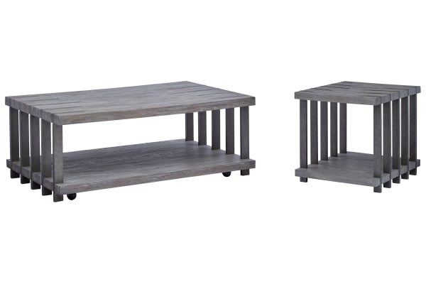 Eldridge - Rectangular Cocktail Table With End Table - Weathered Gravel And Satin Bronze