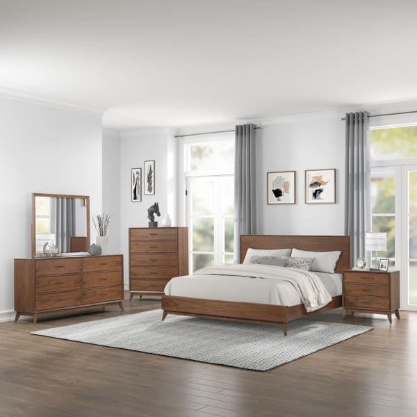 Century Modern - 4 Piece Bedroom Set (King Platform Bed, Dresser & Mirror, Chest) - Light Brown