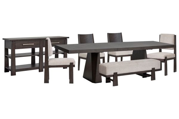 Tauren - Extendable Double Pedestal Dining Table With 2 Side Chairs, 2 Upholstered Side Chairs, Bench And Sideboard - Coffee Bean / Beige