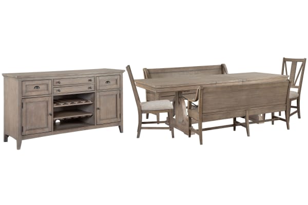 Paxton Place - Extendable Trestle Dining Table With 2 Benches, 2 Side Chairs And Buffet - Dovetail Gray