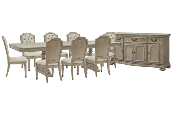 Marisol - Extendable Trestle Dining Table With 8 Upholstered Side Chairs And Buffet - Fawn