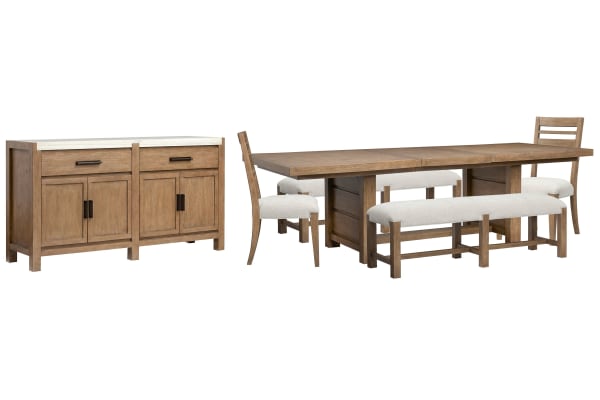Plum Creek - Trestle Dining Table With 2 Benches, 2 Side Chairs And Server - Sierra Brown