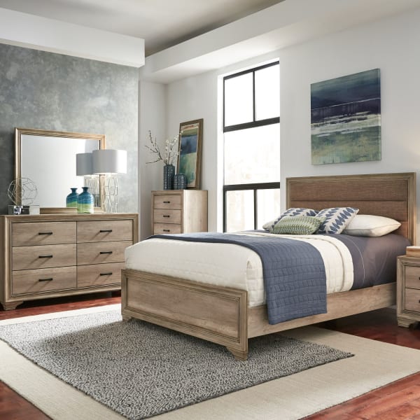 Sun Valley - 3 Piece Bedroom Set (King Upholstered Bed, Dresser & Mirror) - Light Brown