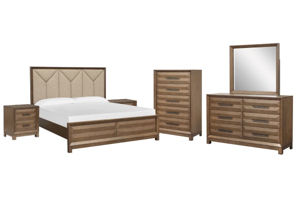 Callisto - King Upholstered Panel Bed, 2 Nightstands, Drawer Dresser With Landscape Mirror And Drawer Chest - Bourbon Brown