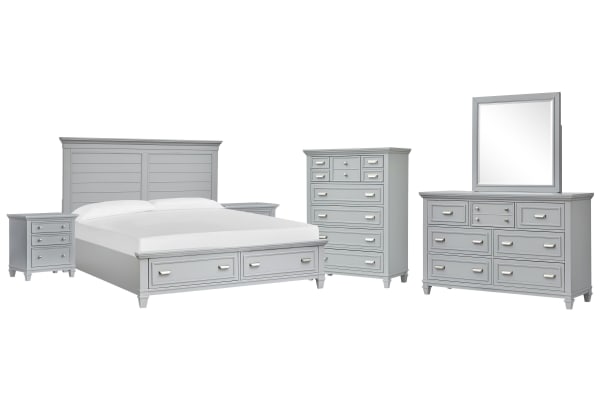 Charleston - King Panel Storage Bed, 2 Nightstands, Drawer Dresser With Landscape Mirror And Drawer Chest - Harbor Gray