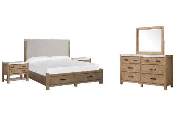 Plum Creek - California King Upholstered Panel Storage Bed, 2 Open Nightstands And Drawer Dresser With Landscape Mirror - Sierra Brown / White