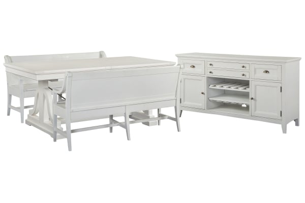 Heron Cove - Extendable Trestle Dining Table With 2 Benches And Buffet - Chalk White And Dovetail Gray