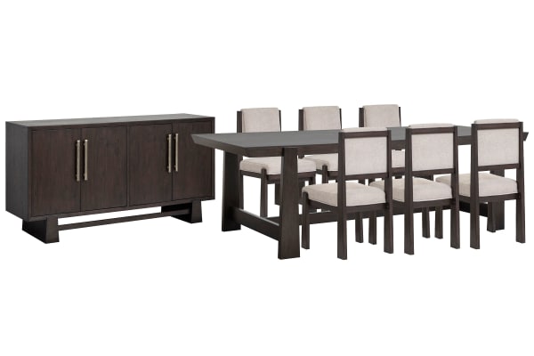 Tauren - Trestle Dining Table With 6 Upholstered Side Chairs And Buffet - Coffee Bean / Beige