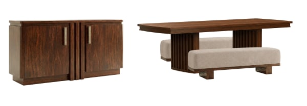 Reena - Extendable Trestle Dining Table With 2 Benches And Sideboard - Rich Brown / Beige