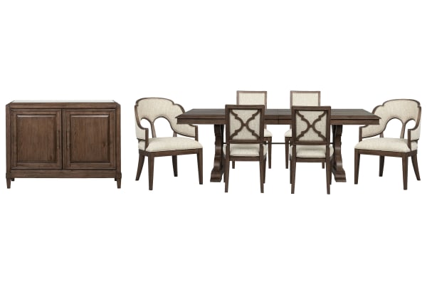 Jubilee - Extendable Trestle Dining Table With 4 Side Chairs, 2 Arm Chairs And Bar Cabinet - Brown / White