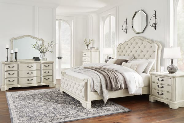 Arlendyne - Antique White - 5 Pc. - Dresser, Mirror, King Upholstered Bed