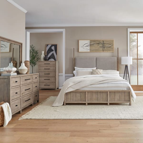 Proximity Place - 4 Piece Bedroom Set (King Poster Bed, Dresser & Mirror, Chest) - Brown