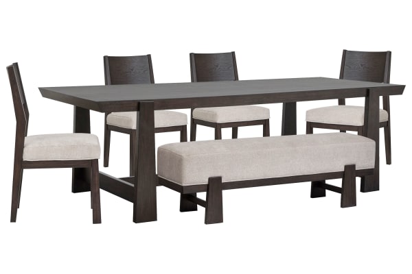 Tauren - Trestle Dining Table With 4 Side Chairs And Bench - Coffee Bean / Beige