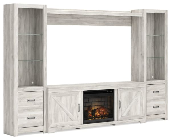 Bellaby - Whitewash - 4-Piece Entertainment Center With Faux Firebrick Fireplace Insert