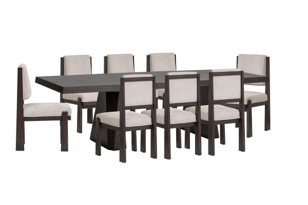 Tauren - Extendable Double Pedestal Dining Table With 8 Upholstered Side Chairs - Coffee Bean / Beige