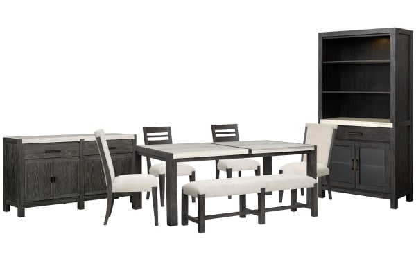 Plum Creek - Rectangular Dining Table With 2 Side Chairs, 2 Upholstered Side Chairs, Bench, Sideboard And Display Cabinet - Ravenwood Black / White