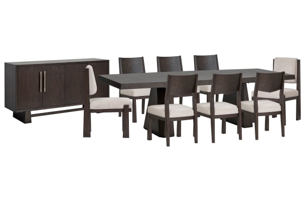 Tauren - Extendable Double Pedestal Dining Table With 6 Side Chairs, 2 Upholstered Side Chairs And Buffet - Coffee Bean / Beige