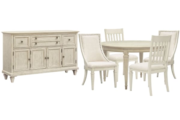Newport - Extendable Round Dining Table With 2 Side Chairs, 2 Arm Chairs And Buffet - Alabaster