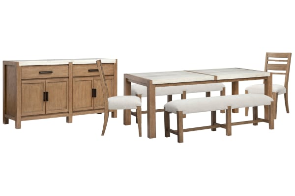 Plum Creek - Rectangular Dining Table With 2 Benches, 2 Side Chairs And Server - Sierra Brown