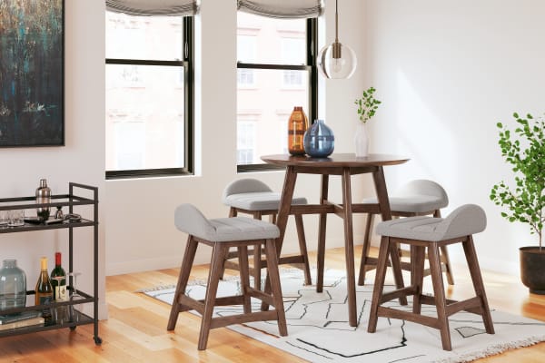 Lyncott - Light Gray / Brown - 5 Pc. - Counter Table, 4 Upholstered Barstools