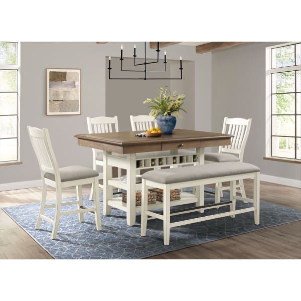 Bellevue - 6 Piece Counter Height Dining Set (Table, Four Chairs & Bench) - Walnut And Antique White
