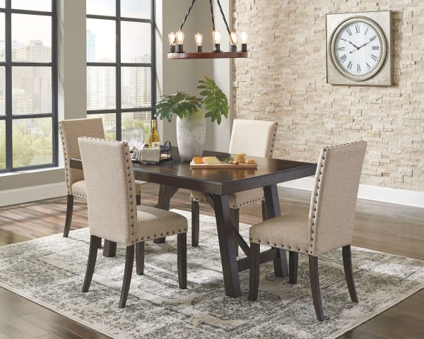 Rokane - Brown - 5 Pc. - Rectangular Dining Room Extension Table, 4 Upholstered Side Chairs