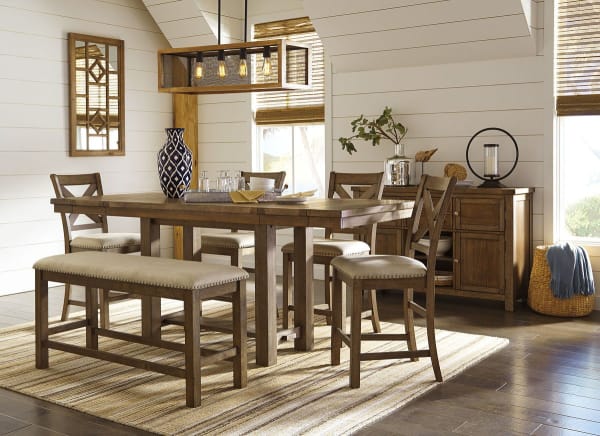 Moriville - Dark Gray - 7 Pc. - Counter Extension Table, 4 Barstools, Bench, Server