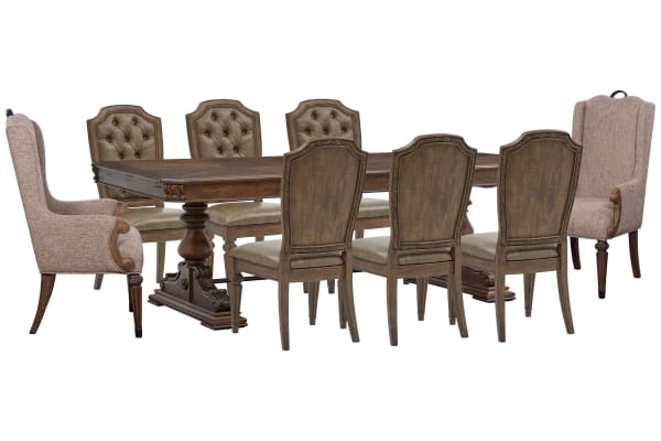 Durango - Extendable Trestle Dining Table With 6 Upholstered Side Chairs And 2 Host Chairs - Willadeene Brown / Gray