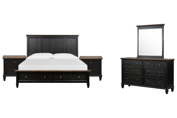 Surrey - King Panel Storage Bed, 2 Nightstands And Drawer Dresser With Portrait Mirror - Brown