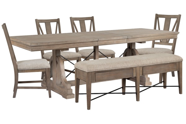 Paxton Place - Extendable Trestle Dining Table With 4 Side Chairs And Upholstered Bench - Dovetail Gray