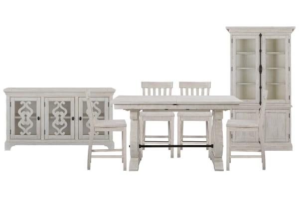 Bronwyn - Extendable Rectangular Counter Height Dining Table With 4 Counter Chairs, Server And Dining Cabinet - Alabaster