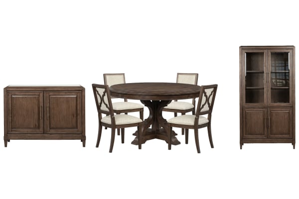 Jubilee - 54" Round Dining Table With 4 Side Chairs, Bar Cabinet And Display Cabinet - Brown / White