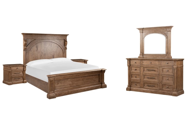 Gallant Grove - Queen Panel Bed, 2 Nightstands And Drawer Dresser With Landscape Mirror - Brown
