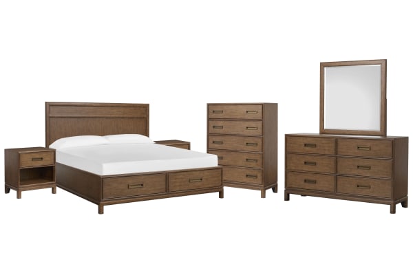 Ridgefield - California King Panel Storage Bed, 2 Open Nightstands, Double Drawer Dresser With Landscape Mirror And Drawer Chest - Russet