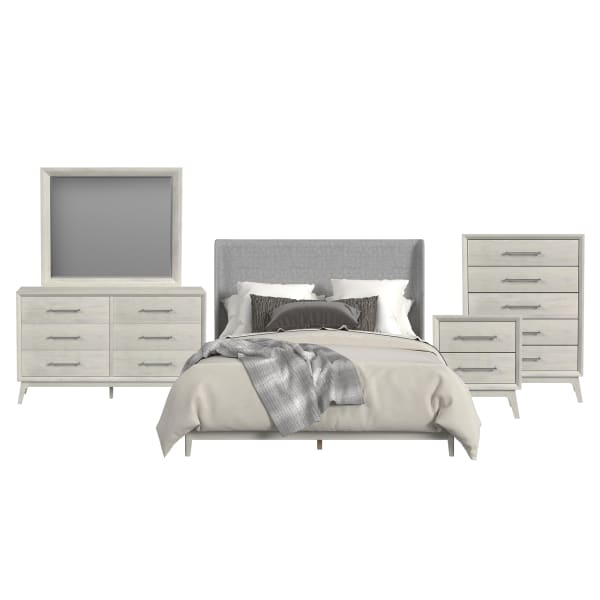 Westland - King Upholstered 5 Piece Bedroom Set With Fabric - Almond Gray