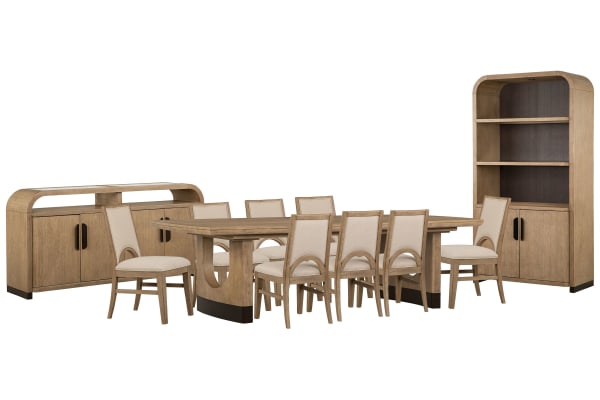 Tristan - Extendable Trestle Dining Table With 8 Side Chairs, Sideboard And Dining Cabinet - Swiss Coffee / Beige