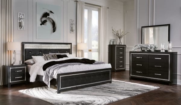 Kaydell - Black - 7 Pc. - Dresser, Mirror, King Upholstered Glitter Panel Bed, 2 Nightstands