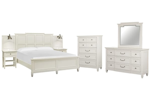 Willowbrook - California King Wall Panel Bed, 2 Nightstands, Drawer Dresser With Landscape Mirror And Drawer Chest - Egg Shell White
