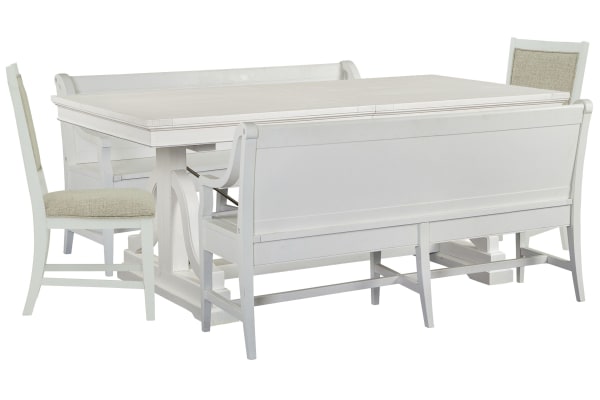Heron Cove - Extendable Trestle Dining Table With 2 Benches And 2 Upholstered Side Chairs - Chalk White And Dovetail Gray