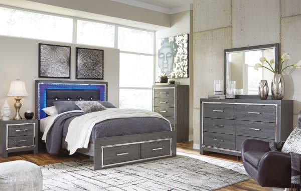 Lodanna - Gray - 6 Pc. - Dresser, Mirror, Chest, Queen Panel Bed With 2 Storage Drawers