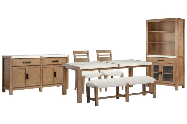Plum Creek - Rectangular Dining Table With 2 Side Chairs, Bench, Server And Display Cabinet - Sierra Brown