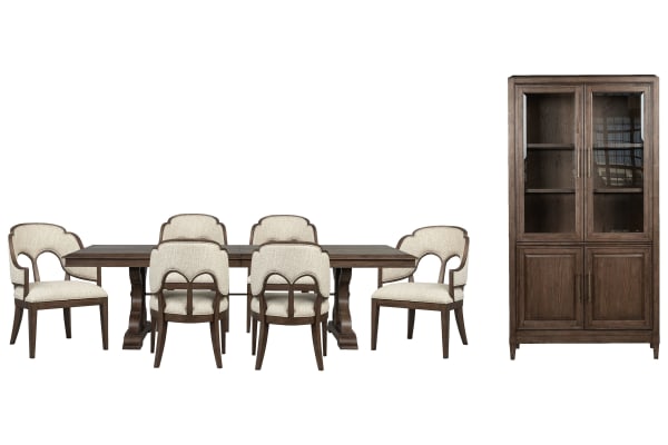 Jubilee - Extendable Trestle Dining Table With 6 Arm Chairs And Display Cabinet - Brown / White